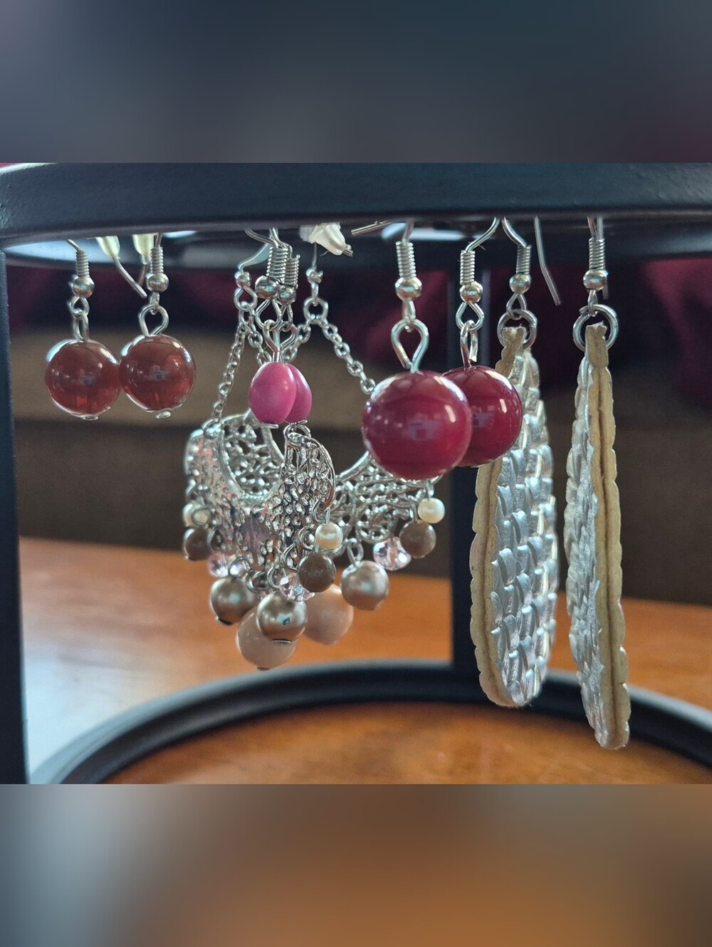 Set of 5 Earrings - Silver Filigree Chandelier, Pink, Red, Brown Beads, Pleather
